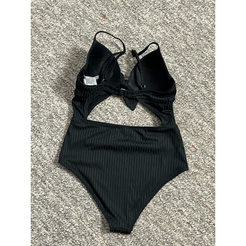Women's Shore Light Lift Ribbed Tie Front Cut Out One Piece Swimsuit 34B black - Picture 3 of 13